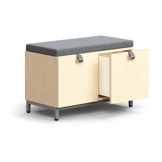 Drawer storage bench QBUS, leg frame, handle, 534x800x420 mm, silver, birch, grey cushion