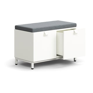 Drawer storage bench QBUS, leg frame, handle, 534x800x420 mm, white, grey cushion
