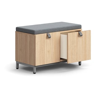 Drawer storage bench QBUS, leg frame, handle, 534x800x420 mm, silver, oak, grey cushion