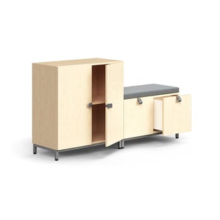 Storage unit QBUS, cabinet + storage bench, leg frame, handles, 868x1600x420 mm, birch, grey cushion