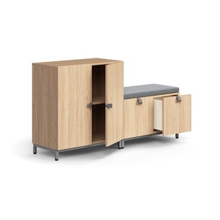 Storage unit QBUS, cabinet + storage bench, leg frame, handles, 868x1600x420 mm, oak, grey cushion