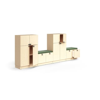 Storage unit QBUS, 2 cabinets + 2 storage benches, base frame, handles, 1252x3200x420 mm, birch, gre