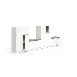 Storage unit QBUS, 2 cabinets + 2 storage benches, base frame, handles, 1252x3200x420 mm, white, gre