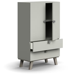 Cabinet QBUS, 2 shelves + 2 drawers, leg frame, handles, 1332x800x420 mm, light grey
