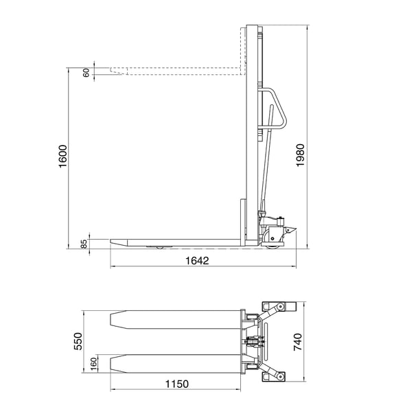 Manual stacker RAISE, 1000 kg load, 1600 mm lift height | AJ Products