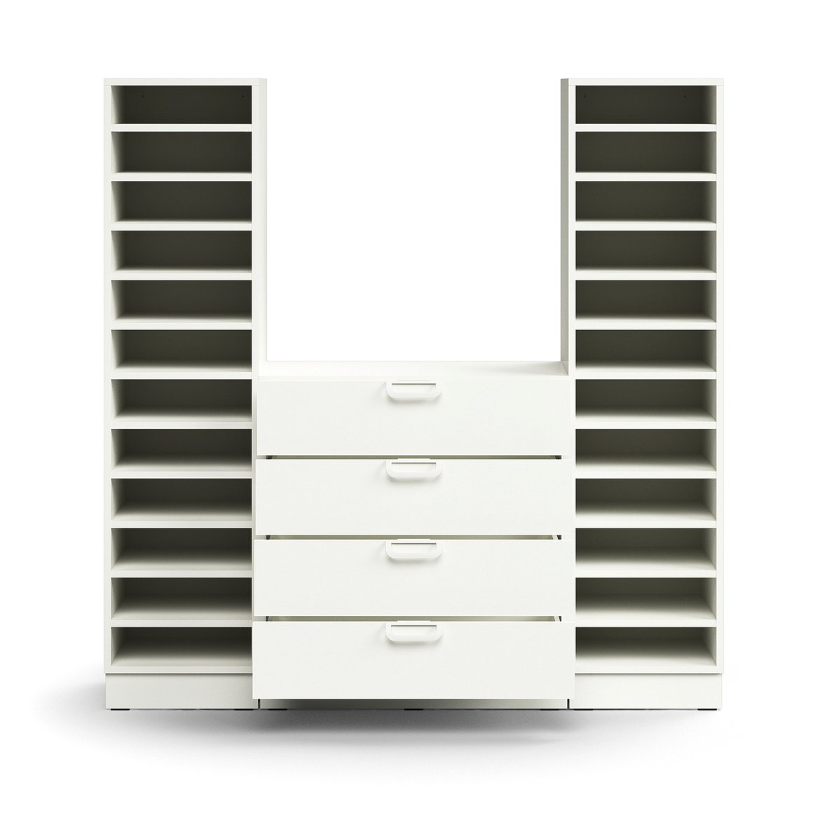 Pigeon hole unit QBUS, 22 shelves + 4 drawers, base frame