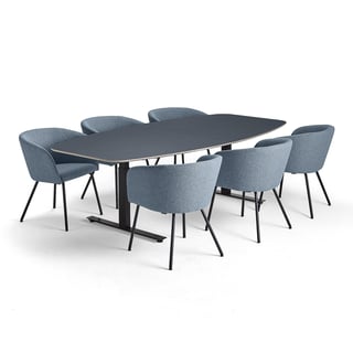Konferenzpaket AUDREY + JOY, Tisch rauchblau und 6 Stühle blaugrau