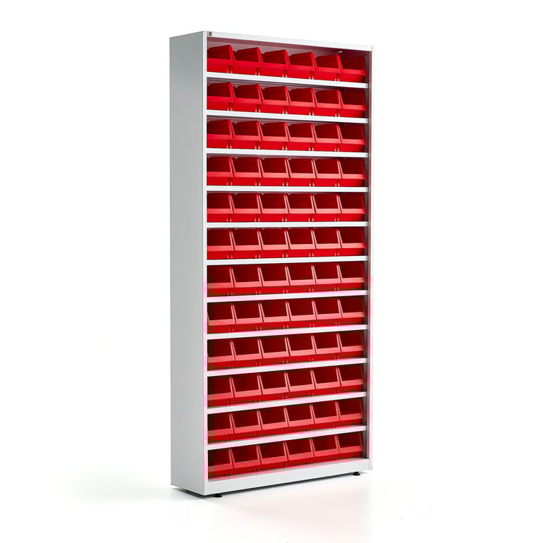 Small parts cabinet, 72 red bins, 2000x950x250 mm | AJ Products