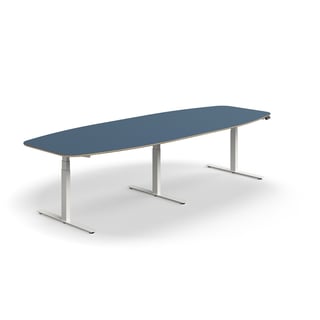 Jednací stůl AUDREY, výškově nastavitelný, 3200x1200 mm, bílá podnož, šedomodrá deska