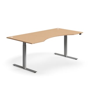 Výškovo nastaviteľný stôl FLEXUS, s výrezom, 2000x1000 mm, strieborný rám, buk