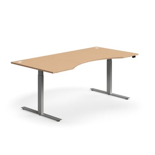 Reguliuojamo aukščio stalas FLEXUS, su išlenkimu, 2000x1000 mm, pilkos kojos, bukas
