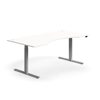 Skrivbord FLEXUS, höj- och sänkbart, maguttag, 2000x1000 mm, silver/vit
