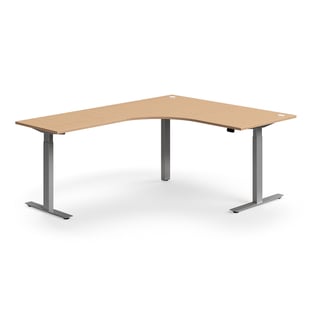 Standing desk FLEXUS, L-shaped, 1600x2000 mm, silver frame, beech