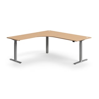 Hjørneskrivebord FLEXUS, hev/senk, L2000 B2000 mm, sølv, bøk