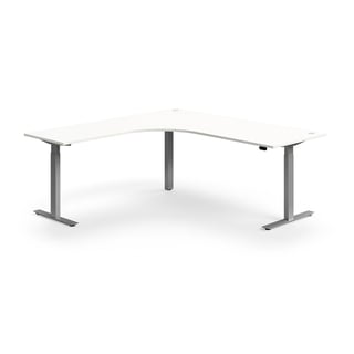 Hjørneskrivebord FLEXUS, hev/senk, L2000 B2000 mm, sølv, hvit