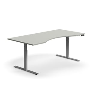 Výškovo nastaviteľný stôl QBUS, s výrezom, 2000x1000 mm, strieborný rám, svetlošedá