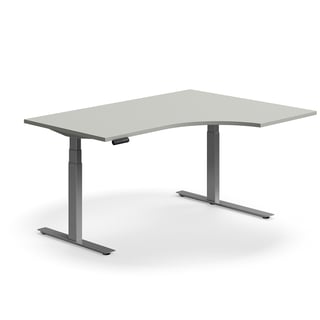 Hjørneskrivebord QBUS, hev/senk, L1600 B1200 mm, sølv, lys grå