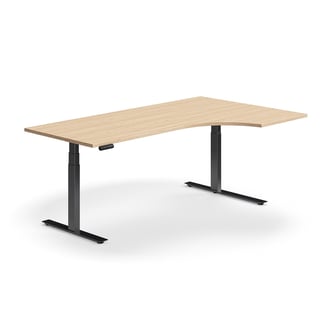 Výškovo nastaviteľný stôl QBUS, rohový, 2000x1200 mm, čierny rám, dub