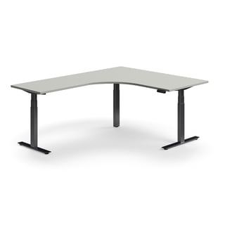 Hjørneskrivebord QBUS, hev/senk, L1600 B2000 mm, svart, lys grå
