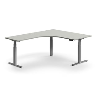 Hjørneskrivebord QBUS, hev/senk, L1600 B2000 mm, sølv, lys grå