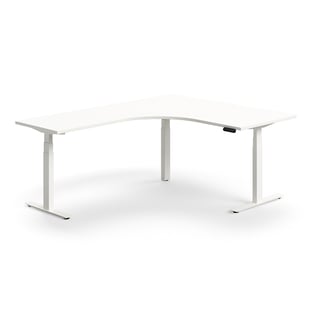 Výškovo nastaviteľný stôl QBUS, rohový, 1600x2000 mm, biely rám, biela