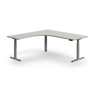 Hjørneskrivebord QBUS, hev/senk, L2000 B2000 mm, sølv, lys grå