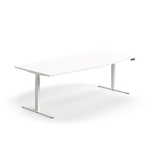 Hæve sænke konferencebord QBUS, bådformet, 2400x1200 mm, hvidt stel, hvid
