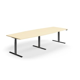Jednací stůl QBUS, výškově nastavitelný, ve tvaru sudu, 3200x1200 mm, černá podnož, bříza