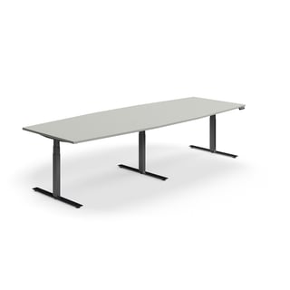 Podesivi konferencijski stol QBUS, zaobljeni, 3200x1200 mm, crni okvir, svijetlo sivi