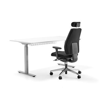Pakkeløsning FLEXUS + WATFORD, 1 sølv/hvid hæve sænkebord, 1 sort kontorstol