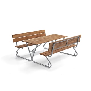 Extra long table with bench PICNIC, with backrest, 1800 mm, brown