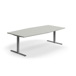 Jednací stůl QBUS, T-nohy, 2400x1200 mm, tvar člunu, stříbrná podnož, světle šedá