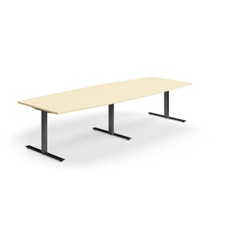 Jednací stůl QBUS, T-nohy, 3200x1200 mm, tvar člunu, černá podnož, bříza