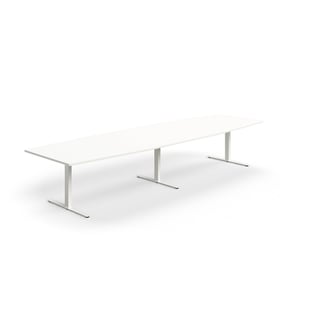 Conference table QBUS, boat shaped, 4000x1200 mm, T-frame, white frame, white