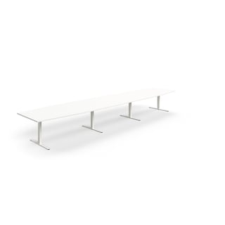 Jednací stůl QBUS, T-nohy, 5600x1200 mm, tvar člunu, bílá podnož, bílá