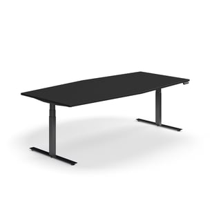 Jednací stůl QBUS, výškově nastavitelný, 2400x1200 mm, tvar člunu, černá podnož, černá