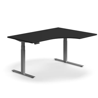 Hjørneskrivebord QBUS, hev/senk, L1600 B1200 mm, sølv, svart