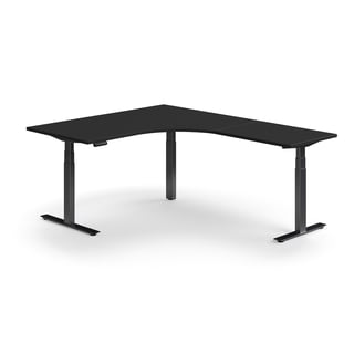 Hjørneskrivebord QBUS, hev/senk, L1600 B2000 mm, svart, svart