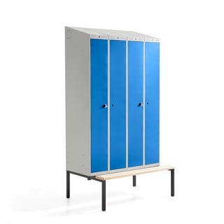 Klädskåp CLASSIC COMBO, bänkstativ, 2 sektioner, 4 dörrar, 2290x1200x550 mm, blå