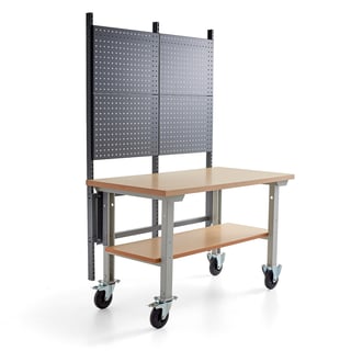 Mobilný dielenský stôl ROBUST, s panelom na náradie a spodnou policou, 1500x800 mm, tvrdená doska