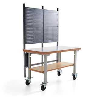 Mobilný dielenský stôl SOLID, s panelom na náradie a spodnou policou, 1500x800 mm, HPL