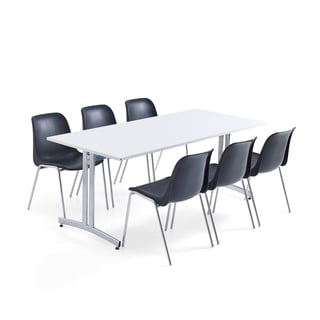 Kalusteryhmä SANNA + SIERRA, 1 pöytä ja 6 tuolia, musta/kromi