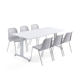 Møbelsæt SANNA + SIERRA, 1 bord og 6 stole, grå/krom