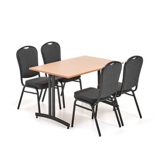 Valgomojo komplektas SANNA + HARTFORD, 1 stalas 1200x800 mm, bukas, 4 kėdės, juodas audinys