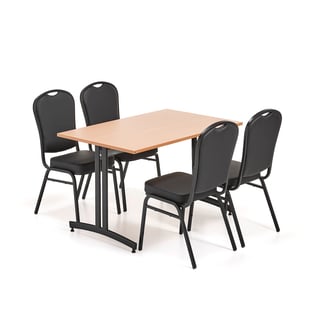 Valgomojo komplektas SANNA + HARTFORD, 1 stalas 1200x800 mm, bukas, 4 kėdės, juoda dirbtinė oda