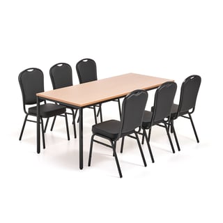 Valgomojo komplektas SANNA + HARTFORD, 1 stalas 1800x800 mm, bukas,  6 kėdės, juoda dirbtinė oda