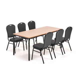 Valgomojo komplektas SANNA + HARTFORD, 1 stalas 1800x800 mm, bukas,  6 kėdės, juodas audinys
