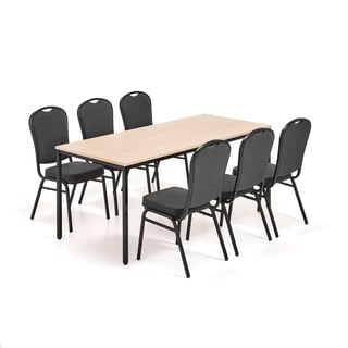 Möbelgrupp JAMIE +  HARTFORD, 1 bord 1800x800 mm, björk, 6 stolar, svart/svart tyg