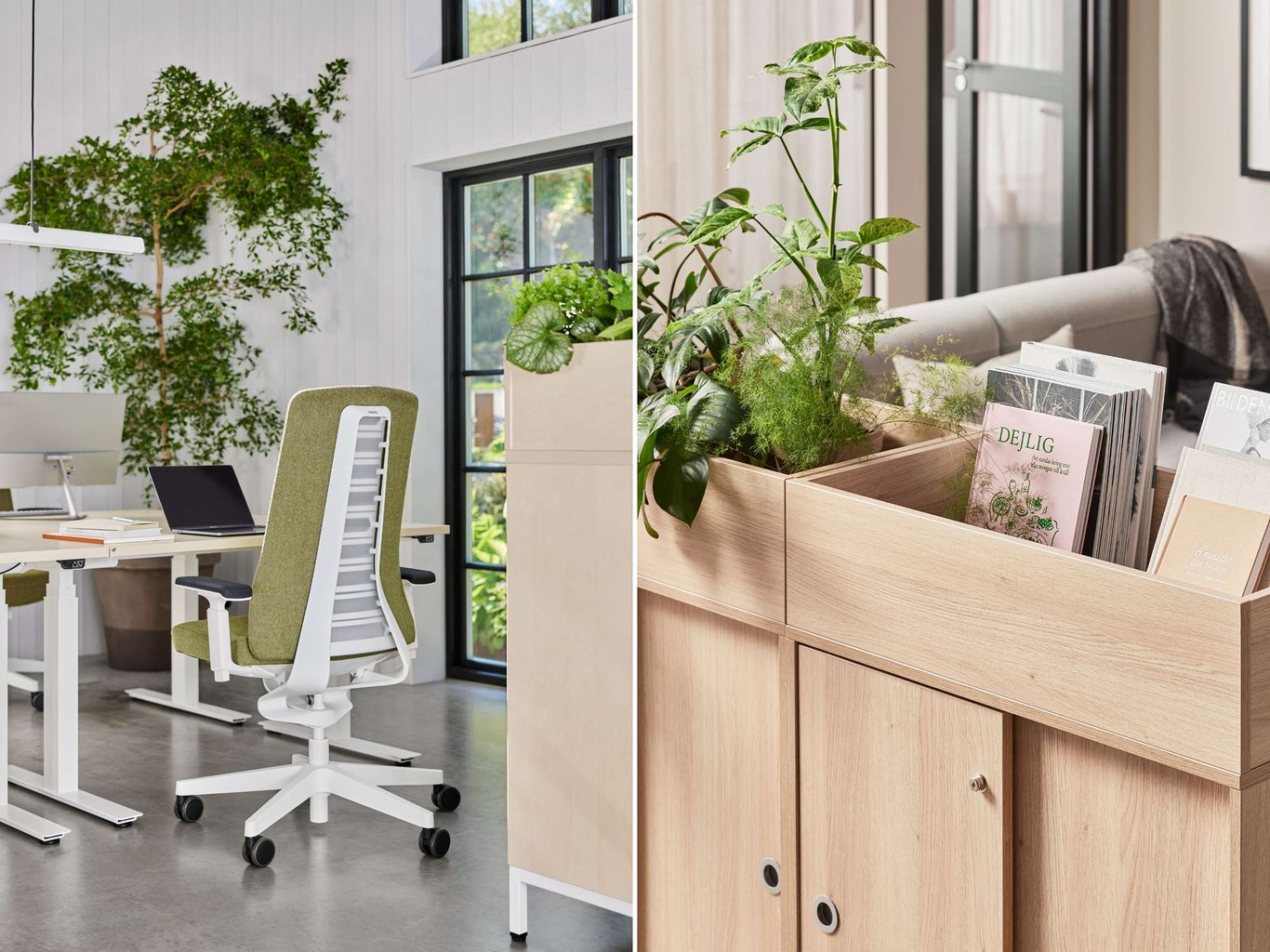 Lyse kontorer med naturlige elementer som træ og grønne planter