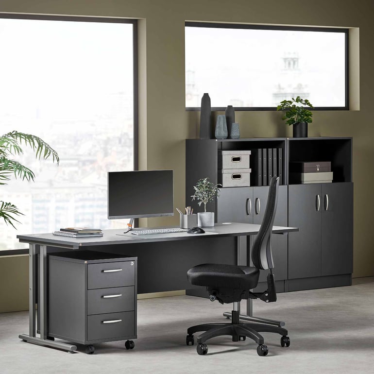 Et FLEXUS skrivebord i stort med sorte reoler i baggrunden